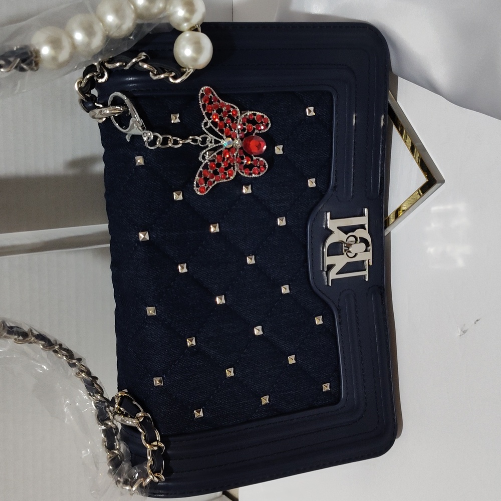 Badgley Mischka Navy Quilted Shoulder Bag with Silver and  Red Butterfly Charm